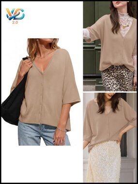 V Neck Half Sleeve Cardigan Sweater Oversized Fit Button Down Batwing Sleeve